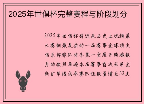 2025年世俱杯完整赛程与阶段划分